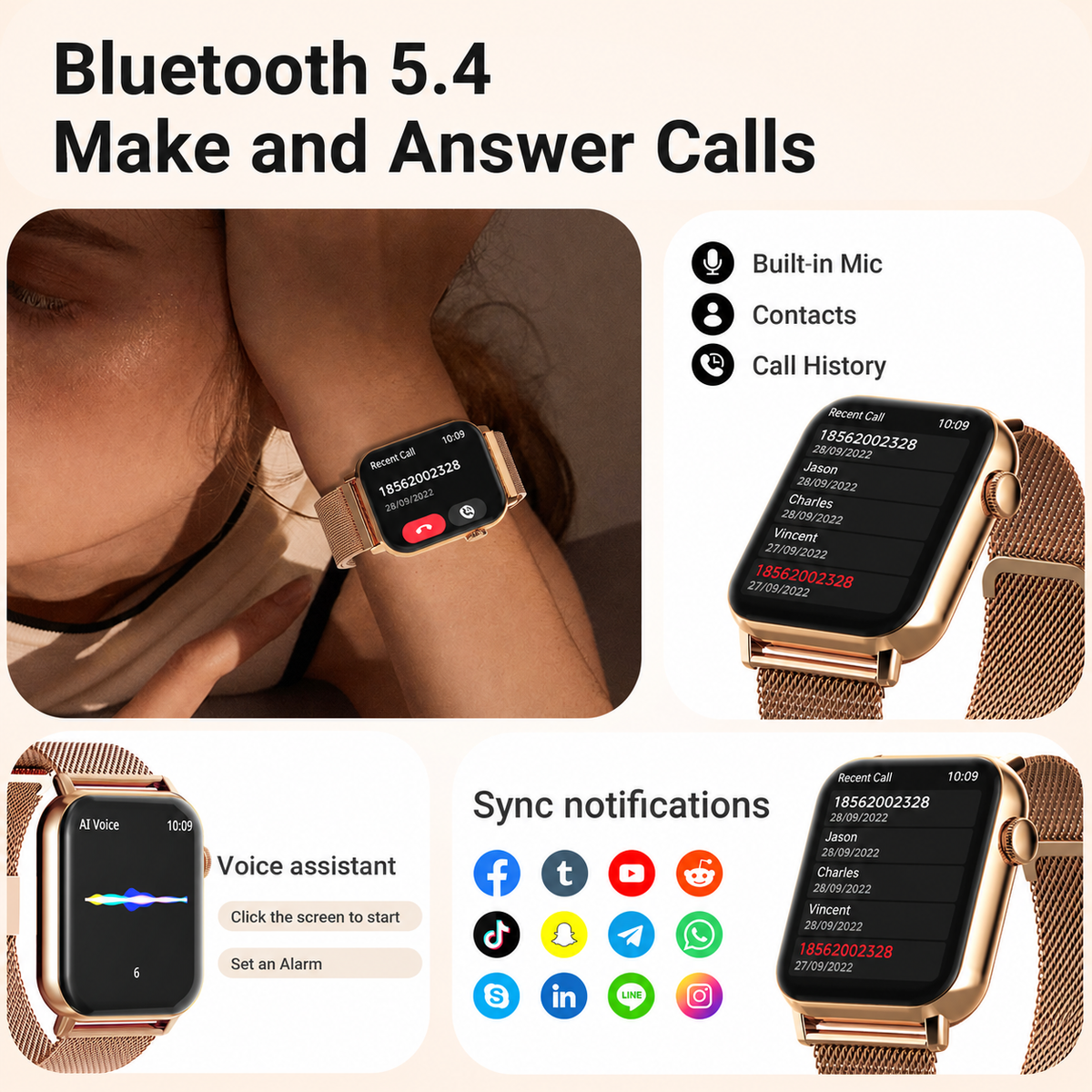 SOMTLERK Smart Watch with Bluetooth Calling, 1.83-Inch Display, Gold, 3 Bands