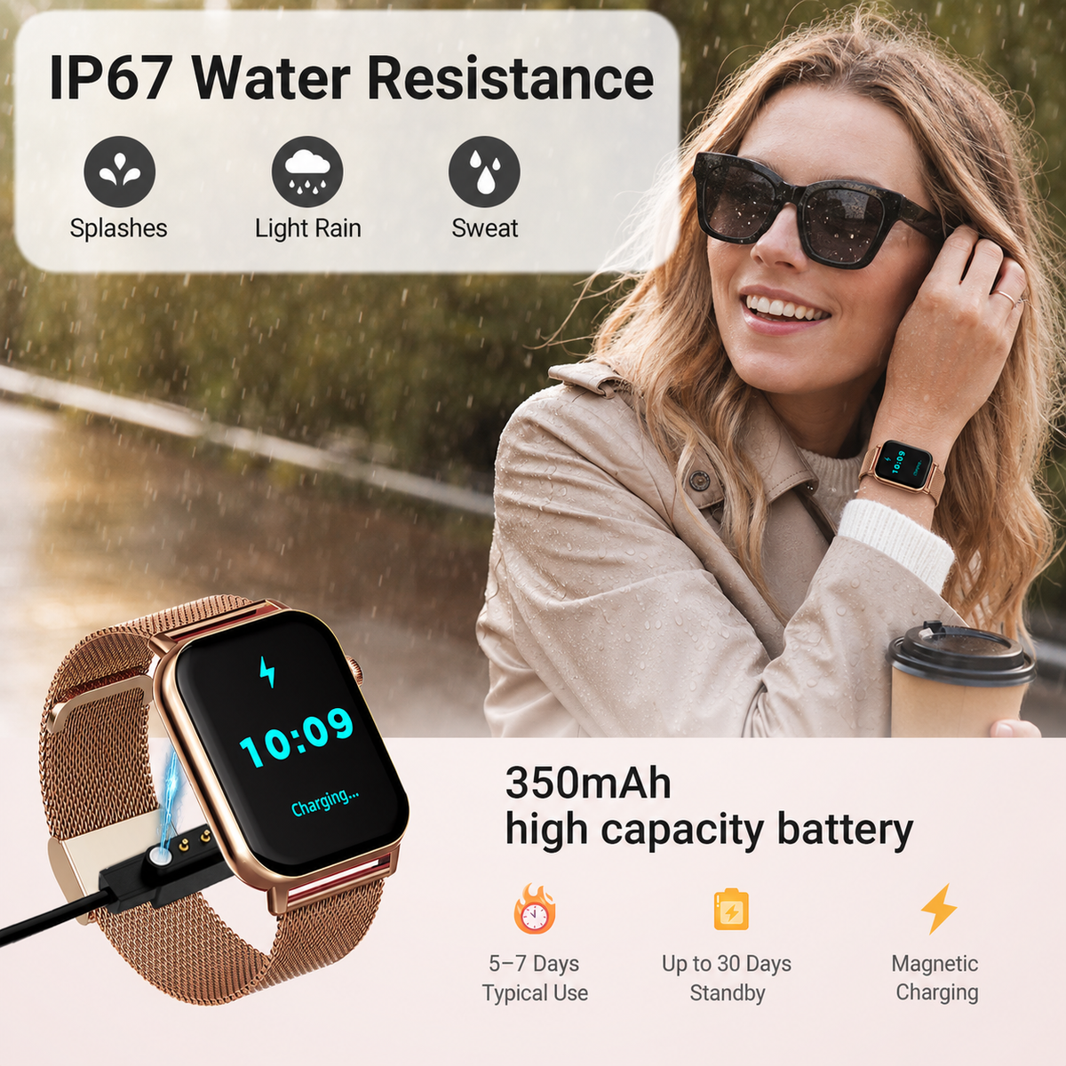 SOMTLERK Smart Watch with Bluetooth Calling, 1.83-Inch Display, Gold, 3 Bands