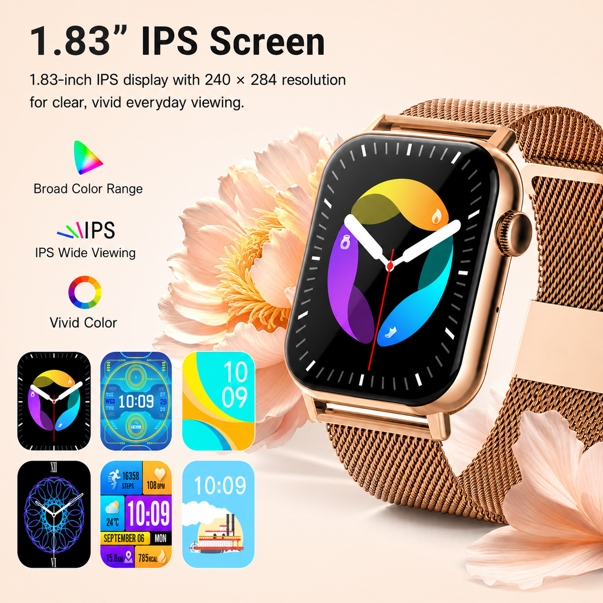 SOMTLERK Smart Watch with Bluetooth Calling, 1.83-Inch Display, Gold, 3 Bands