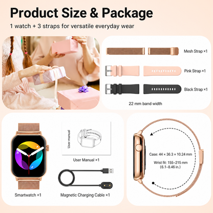 SOMTLERK Smart Watch with Bluetooth Calling, 1.83-Inch Display, Gold, 3 Bands