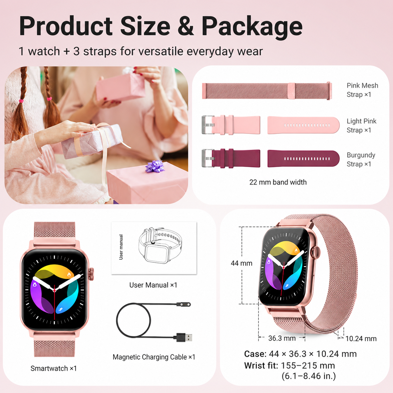 SOMTLERK Smart Watch,1.83‑Inch IPS Touchscreen,Call Receive/Dial,100+ Sport Modes,Gold Set With 3 Replacement Bands