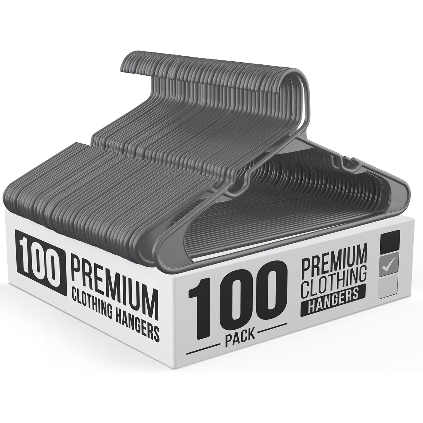 100 Pack Plastic Hanger for Shirt Pants Coats Dresses Skirts Suits Jackets - Standard Thick Coat Hanger - Sturdy & Durable Design with Shoulder Grooves Hook - Grey