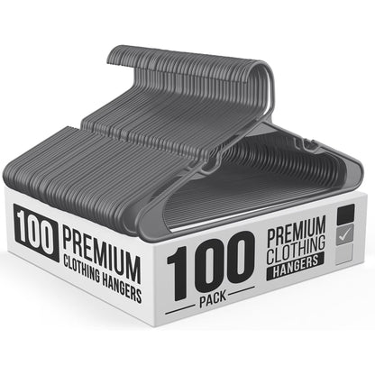 100 Pack Plastic Hanger for Shirt Pants Coats Dresses Skirts Suits Jackets - Standard Thick Coat Hanger - Sturdy & Durable Design with Shoulder Grooves Hook - Grey