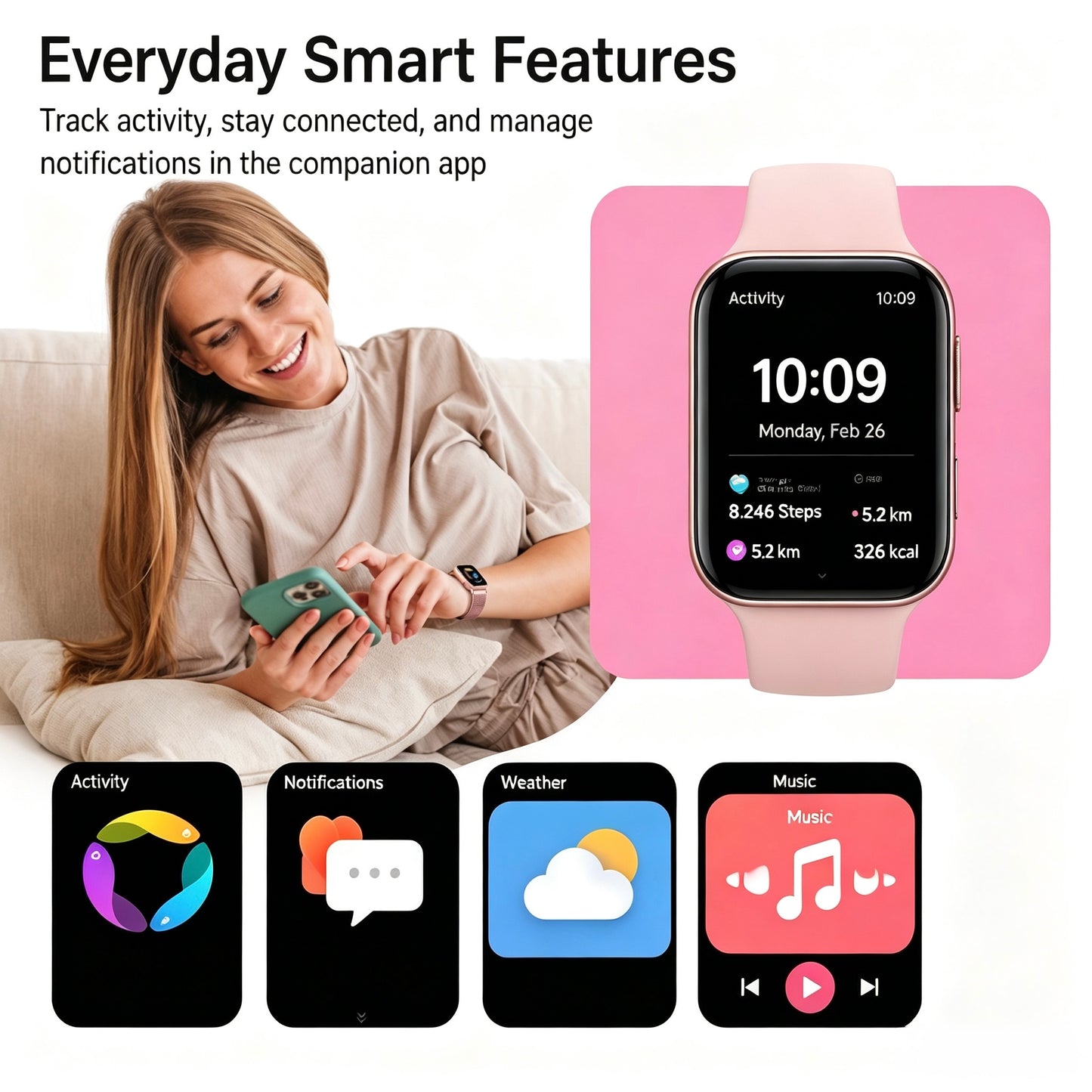 SOMTLERK Smart Watch,1.83‑Inch IPS Touchscreen,Call Receive/Dial,100+ Sport Modes,Gold Set With 3 Replacement Bands